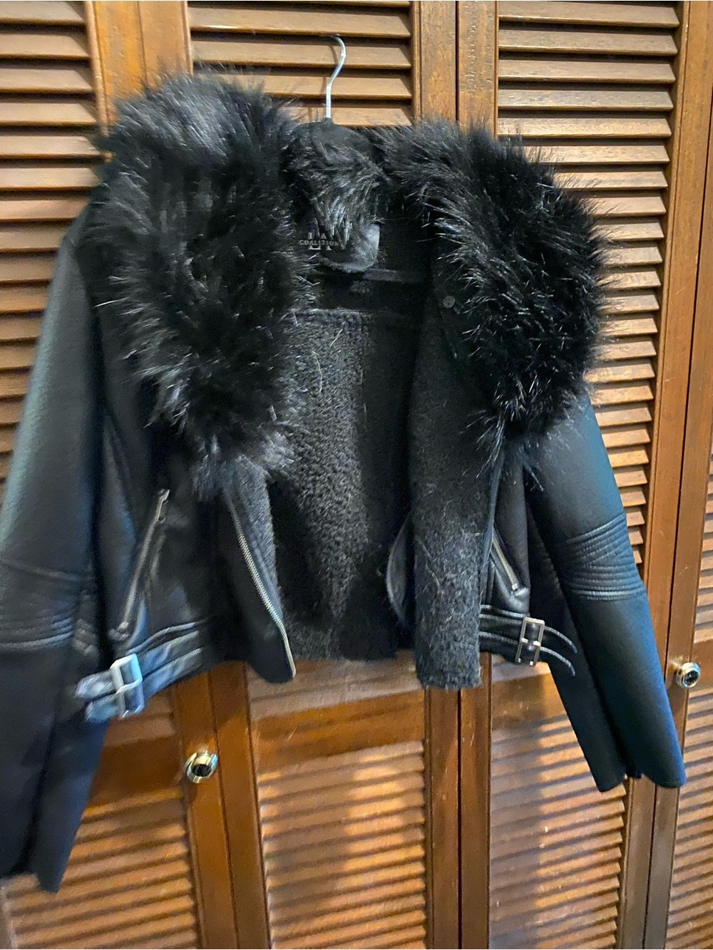 Black Faux Fur-Trim Moto Jacket for Women